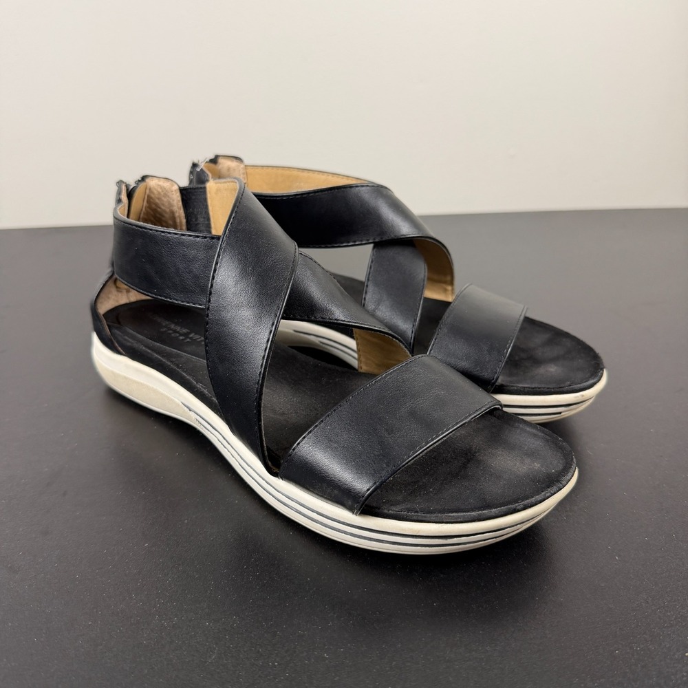 Adrienne Vittadini Sport Cary Sandals Women's 8M Black Leather Back Zip Casual